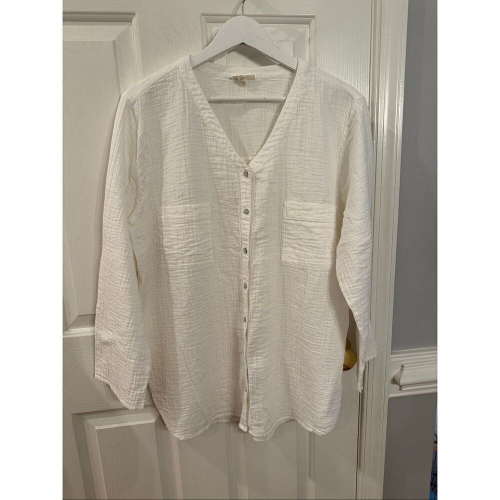 Eileen Fisher White Gauzy Lagenlook V-Neck Tunic Button Down Shirt sz XL EUC